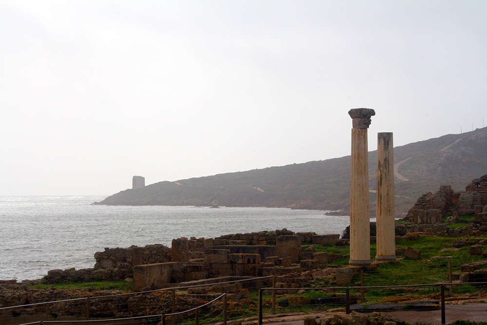 le due colonne dell'area archeologica di tharros con la torre costiera sullo sfondo